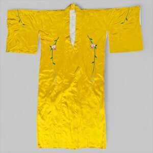Vintage Japanese Kimono Yellow Gold Silk Satin Embroidered Peony Kosode Robe